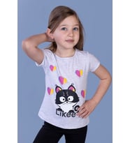 Toontoy Kız Çocuk Likee Kedi Baskılı Tişört ( Gri-Melanj)