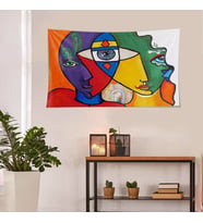 Kübik Çizim Portre Leke Tutmaz Kadife Dokulu Kumaş Duvar Örtüsü Duvar Halısı Tapestry (Çok Renkli)