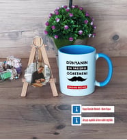 Erkek Öğretmene Hediye Kupa Bardak Beyaz ve Fotoğraflı Ahşap Anahtarlık Hediye (Model 4)