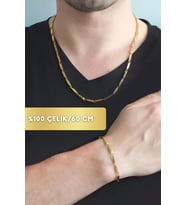 Gold Renk Küp Üçgen Model Kararmaz Çelik Unisex Kolye Ve Bileklik Set (Gold)