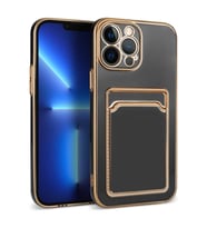 iPhone 12 Pro Max Kılıf Kartlıklı Kamera Korumalı Altın Kenar Tasarım Silikon (Siyah)