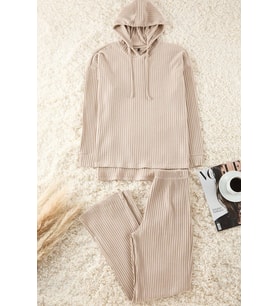 Tarz Rahat Uzun Kollu Boru Paça Fitilli Pamuklu Örme Pijama Takımı (Koyu Bej)
