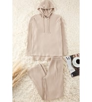 Tarz Rahat Uzun Kollu Boru Paça Fitilli Pamuklu Örme Pijama Takımı (Koyu Bej)
