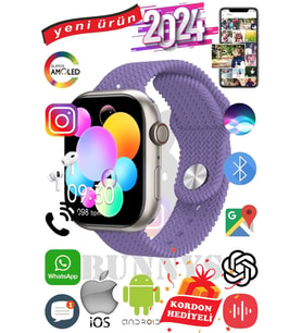 Samsung Galaxy M10 Uyumlu Akıllı Saat Watch 9 Max+2024 45mm Kordon Hediyeli Amoled Ekran (Mor)