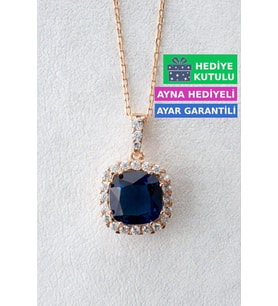 Jewelmim Mavi Taşlı Gümüş Prenses Kolye Rose Altın Kaplama Kare Taşlı Kolye 925 Ayar Kadın Gümüş Kolye (Rose)