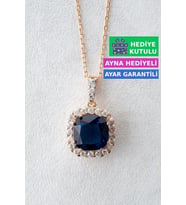 Jewelmim Mavi Taşlı Gümüş Prenses Kolye Rose Altın Kaplama Kare Taşlı Kolye 925 Ayar Kadın Gümüş Kolye (Rose)