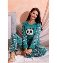 Kışlık Uzun Kollu Bayan Peluş Polar Pijama Takımı İpeksi Doku (Yeşil)