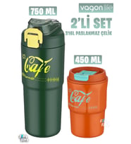 Vagonlife 2'li Çelik Termos-Kahve Bardağı Seti 750ML Çift Kullanım Termos//450ML Mug Kahve Bardağı (Turuncu - Yeşil)