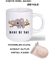 PORSELEN KUPA+AHŞAP ALTLIK+METAL KAŞIK KİŞİYE ÖZEL BASKILI (Beyaz)