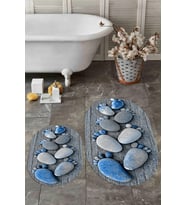 EVDEYA 3D Dijital Yıkanabilir Ayak İzi Desen İkili Oval Banyo Paspas Klozet Takımı, OKLOZET-15-GRİ, (Mavi)