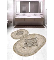 Dijital Baskılı Kaymaz Taban Yıkanabilir Oval 2'li Klozet Takımı Banyo Paspası NOKZ-SD-443 (Krem)