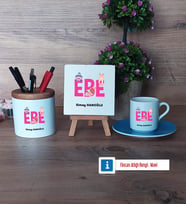 Ebe Hediye Seti Dekoratif Taş, Kalemlik, Ahşap Altlıklı Türk Kahvesi Fincanı Hediye (Model 5)
