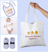 eJOYA Bebeklere Özel Çantasında Kişiye Özel Zıbın Önük Ve Patik Bebek Hediye Seti 109765 (Mavi)