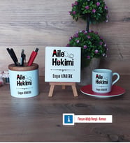 Aile Hekimi Hediye Seti Dekoratif Taş, Kalemlik, Ahşap Altlıklı Türk Kahvesi Fincanı Hediye (Model 3)