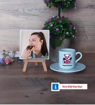 Sevimli Panda Fotoğraflı Dekoratif Taş, Ahşap Altlıklı Türk Kahvesi Fincanı Hediye (Model 2)