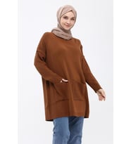 Kadın Çift Cepli Tesettür Uzun Tesettür Triko Tunik 4305 (Taba)