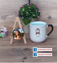 Tatlı Penguen Kupa Bardak Beyaz ve Fotoğraflı Ahşap Anahtarlık Hediye (Model 10)