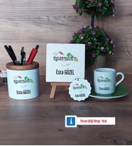 Bankacıya Hediye Hediye Seti Dekoratif Taş, Kalemlik, Ahşap Altlıklı Türk Kahvesi Fincanı, Ahşap Anahtarlık Hediye (Model 9)