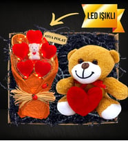 İsimli Led Işıklı Ayıcıklı Kalp Buketi & Kalpli Peluş Ayıcık (Turuncu)