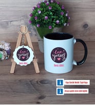 Love Yourself Kupa Bardak Kırmızı ve Ahşap Anahtarlık Hediye (Model 10)
