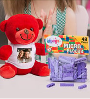 Kişiye Özel Peluş Kırmızı Ayıcık Ve Renkli Micro Blocks Lego (Mor)