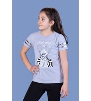 Toontoy Kız Çocuk Baskılı Taş İşlemeli Arkası Tül Detaylı Tişört ( Gri-Melanj)