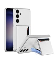 Galaxy S24 Plus Suni Deri Arka Yüzey Sürgülü Kamera Korumalı Kartlıklı Kıpta Silikon Kılıf (Gümüş)