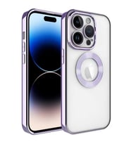 Apple iPhone 14 Pro Max Kılıf Logo Yeri Açık Kamera Lens Korumalı Renkli Kenarlı Şeffaf Silikon (Lila)