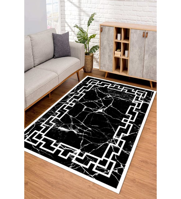 Dijital Kaymaz Taban Yıkanabilir Renkli Salon Halısı Mutfak Halısı Yolluk ND-SD-589 (Siyah)