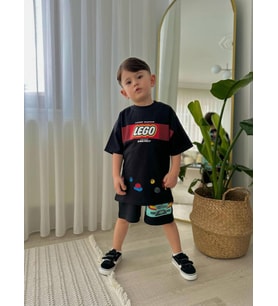 ERKEK ÇOCUK LEGOO MODELLİ BASKILI ŞORTLU PAMUK TAKIM (Siyah)