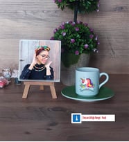 Unicorn Fotoğraflı Dekoratif Taş, Ahşap Altlıklı Türk Kahvesi Fincanı Hediye (Model 9)