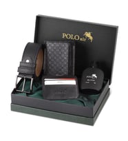 Polo Air Dama Desenli Kutulu Erkek Cüzdan Kemer Kartlık Parfüm Seti PM-13 (Siyah)