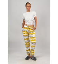 Kadın Cepli Pamuklu Lastikli Bel Kurdeleli Desenli Pijama Altı (Sarı)