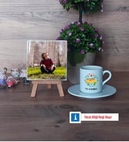 Öğretmenler Günü Hediyesi Fotoğraflı Dekoratif Taş, Ahşap Altlıklı Türk Kahvesi Fincanı Hediye (Model 2)
