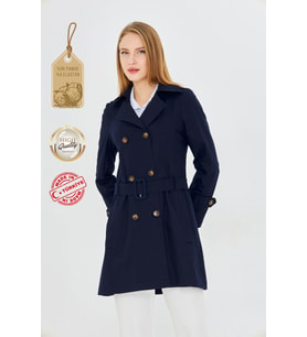 Pastelastore Esnek Pamuk Gabardin Kısa (80cm) Omuz Apoletli Kemerli Kadın Trençkot 1120 (Koyu Lacivert)