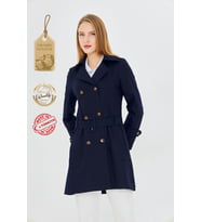 Pastelastore Esnek Pamuk Gabardin Kısa (80cm) Omuz Apoletli Kemerli Kadın Trençkot 1120 (Koyu Lacivert)