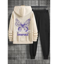 Unisex Butterfly & Letter Graphic Baskılı Eşofman Takımı (Bej)