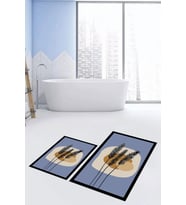 EVDEYA Baskılı Yıkanabilir Renkli Çiçekli İkili Banyo Halısı Paspas Klozet Takımı, KLOZET-28-BEYAZ, (Mavi)