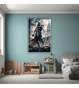 Metal Çerçeveli Cam Tablo Film Karakteri Thor ve Çekiç Görseli (Gümüş)