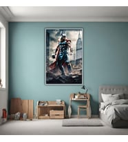 Metal Çerçeveli Cam Tablo Film Karakteri Thor ve Çekiç Görseli (Gümüş)