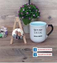 Dedeye Hediye Kupa Bardak Beyaz ve Fotoğraflı Ahşap Anahtarlık Hediye (Model 10)