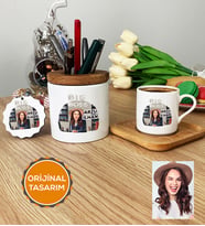 Kişiye Özel Karikatürlü Patron Hediye Seti Türk Kahvesi Fincanı, Kalemlik, Anahtarlık Big Boss Kadın Patrona Doğum Günü Hediyesi (Ahşap)