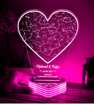 Kalp Yıldız Haritası, Sevgiliye Hediye Kişiye Özel 3D LED Lamba (Pembe)