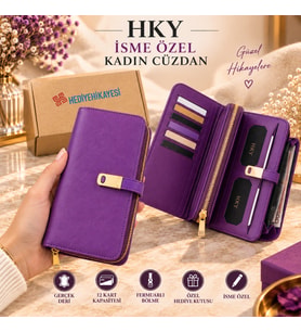 HKY Çok Kullanışlı İsme Özel Büyük Boy Kadın Cüzdan (Mürdüm)