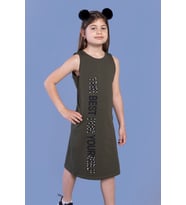 Toontoy Kız Çocuk İnci Detaylı Baskılı Elbise (Haki)