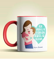 Kişiye Özel İlk Anneler Günün Kutlu Olsun Tema Pembe Kupa Bardak (Kırmızı)