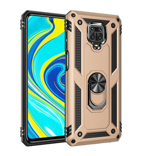 Xiaomi Redmi Note 9 Pro Uyumlu Kılıf Standlı Manyetik Yüzüklü Military Magnetic Ring Polycarbonate and TPU Case (Gold)