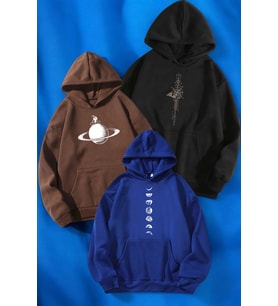 3'lu Paket Baskılı Oversize Unisex Sweatshirt (Siyah)