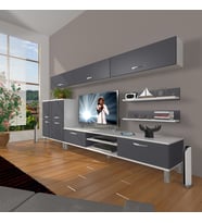 Decoraktiv Eko 8 Mdf Dvd Krom Ayaklı Tv Ünitesi Tv Sehpası (Beyaz - Antrasit)