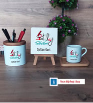 Patoloji Teknikeri Hediye Seti Dekoratif Taş, Kalemlik, Ahşap Altlıklı Türk Kahvesi Fincanı Hediye (Model 1)